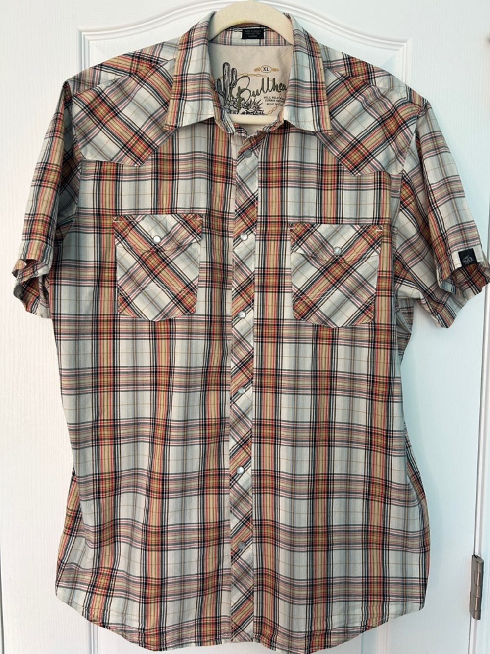 Bullhead Western Shirt Men’s XL Short Sleeve Tan Black Red Plaid Pearl Snap
